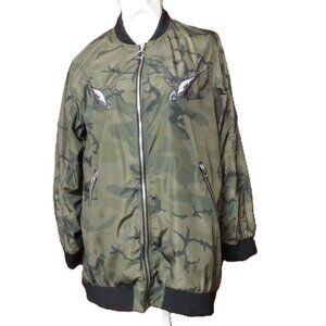 Rock & Republic Embroidered Camo Green Lightweight Bomber Jacket, Size XL